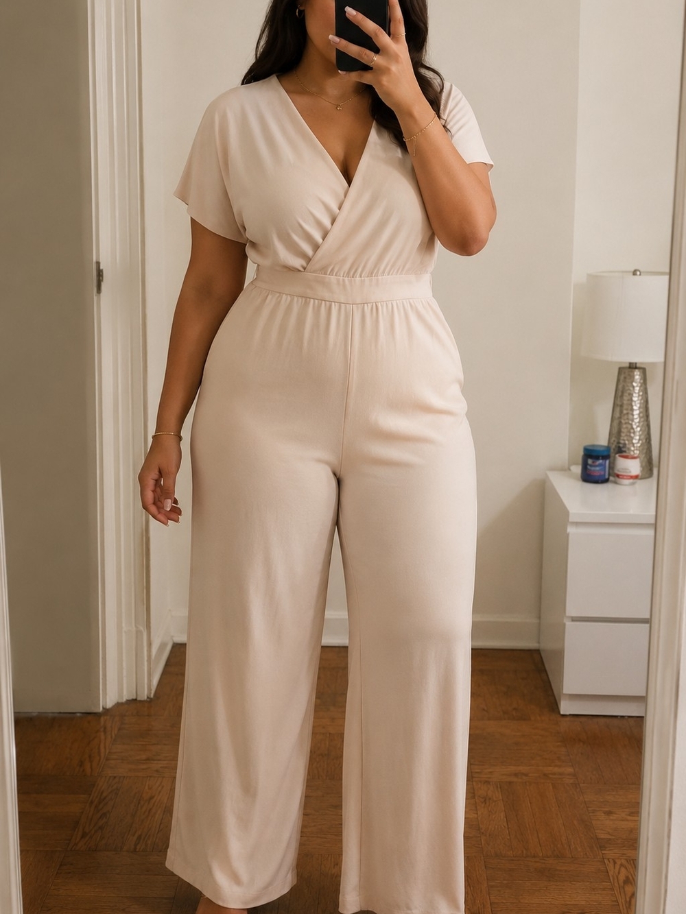 Alfani Cream Surplice Short-Sleeve Jumpsuit
